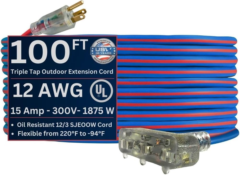 USW 12/3 Gauge x 50-Foot Extreme Cold Weather Triple Tap Extension Cord – Heavy-Duty, 221°F to - 94°F Rating, Lighted Plug, SJEOOW, Weather-Resistant, Ideal for Outdoor Use
