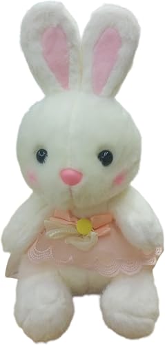 Plush White Bunny Rabbit Toy with Pink Dress, Soft Stuffed Animal, Cute Flower Accessory