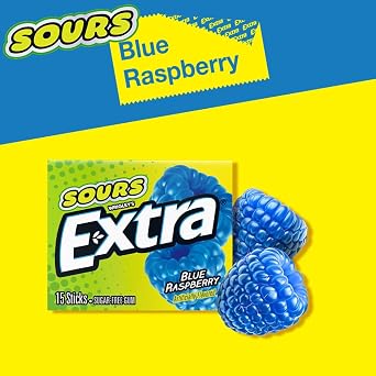 EXTRA SOURS Blue Raspberry Sugar Free Chewing Gum, Sour Candy Bulk Gum Packs, 15 Stick Pack, 10 Count
