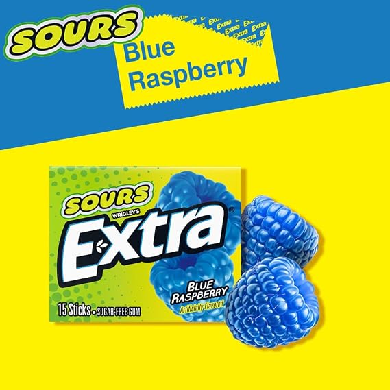 EXTRA SOURS Blue Raspberry Sugar Free Chewing Gum, Sour Candy Bulk Gum Packs, 15 Stick Pack, 10 Count