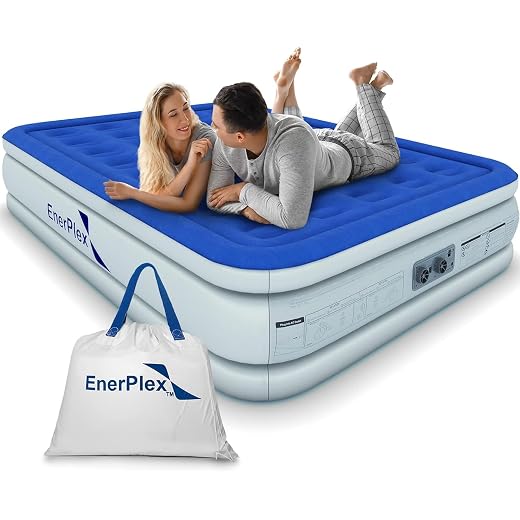 EnerPlex Queen Air Mattress with Built-in Pump - 13 Inch Double Height Inflatable Mattress for Camping, Home & Portable Travel - Durable Blow Up Bed with Dual Pump - Easy to Inflate/Quick Set Up﻿