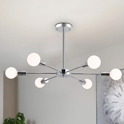 Lámpara Sputnik de 6 luces cromada semiempotrada moderna lámpara de techo de mediados de siglo para cocina, isla de vestíbulo, comedor, sala de