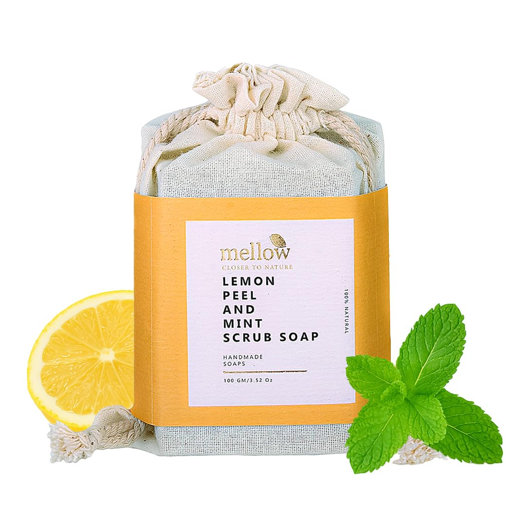 Mellow Lemon Peel & Mint Body Scrub Soap - 100g | Deep Cleansing & Acne Guard for Pimple-Prone Skin | Reduces Spots, Blemishes & Provides Antibacterial Protection