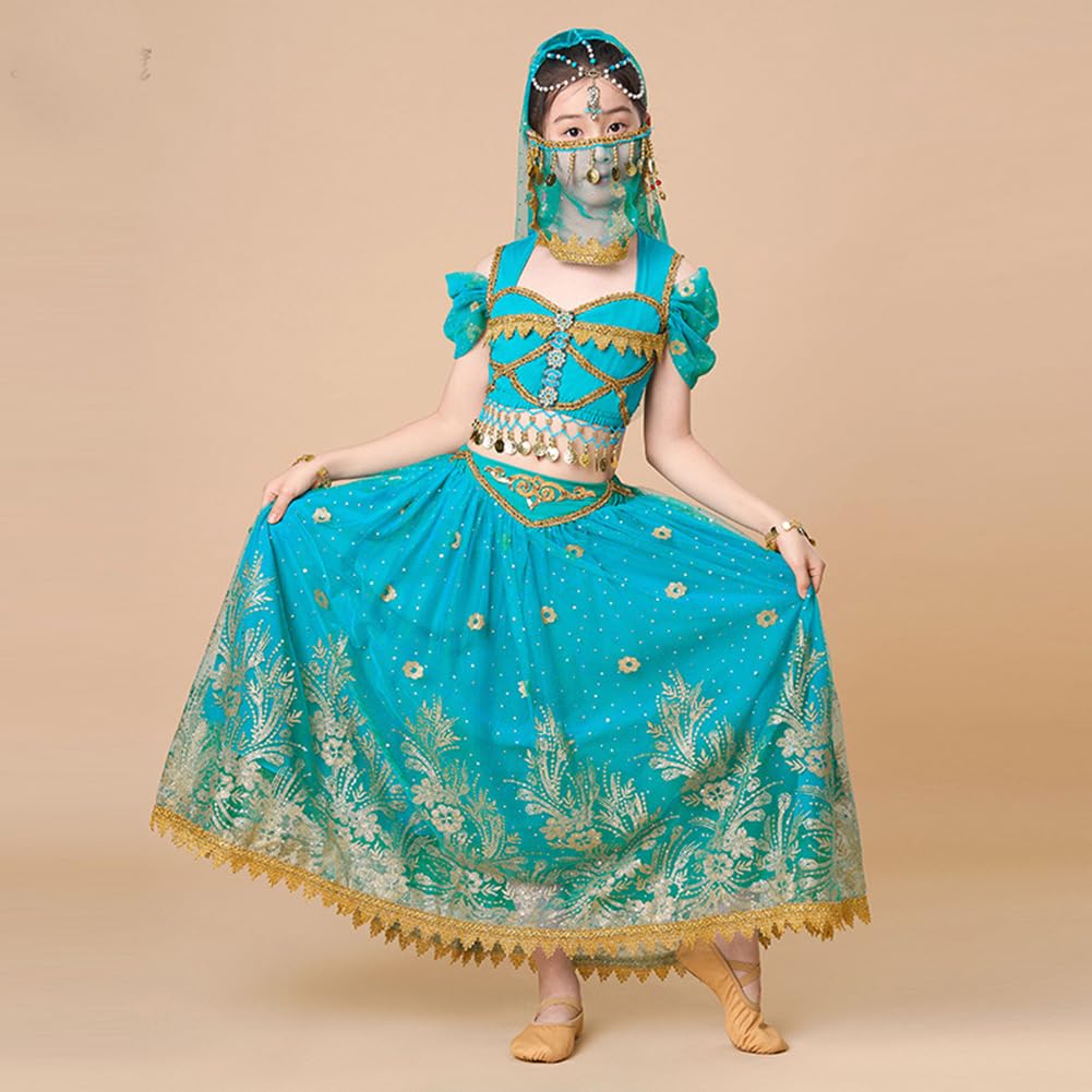 Kostium tańca brzucha dla dziewczynek sukienka Bollywood,orientalna księżniczka Jasmine przebranie Halloween taniec brzucha kostium szyfonowy,indyjskie ubrania tańca,Blue,S