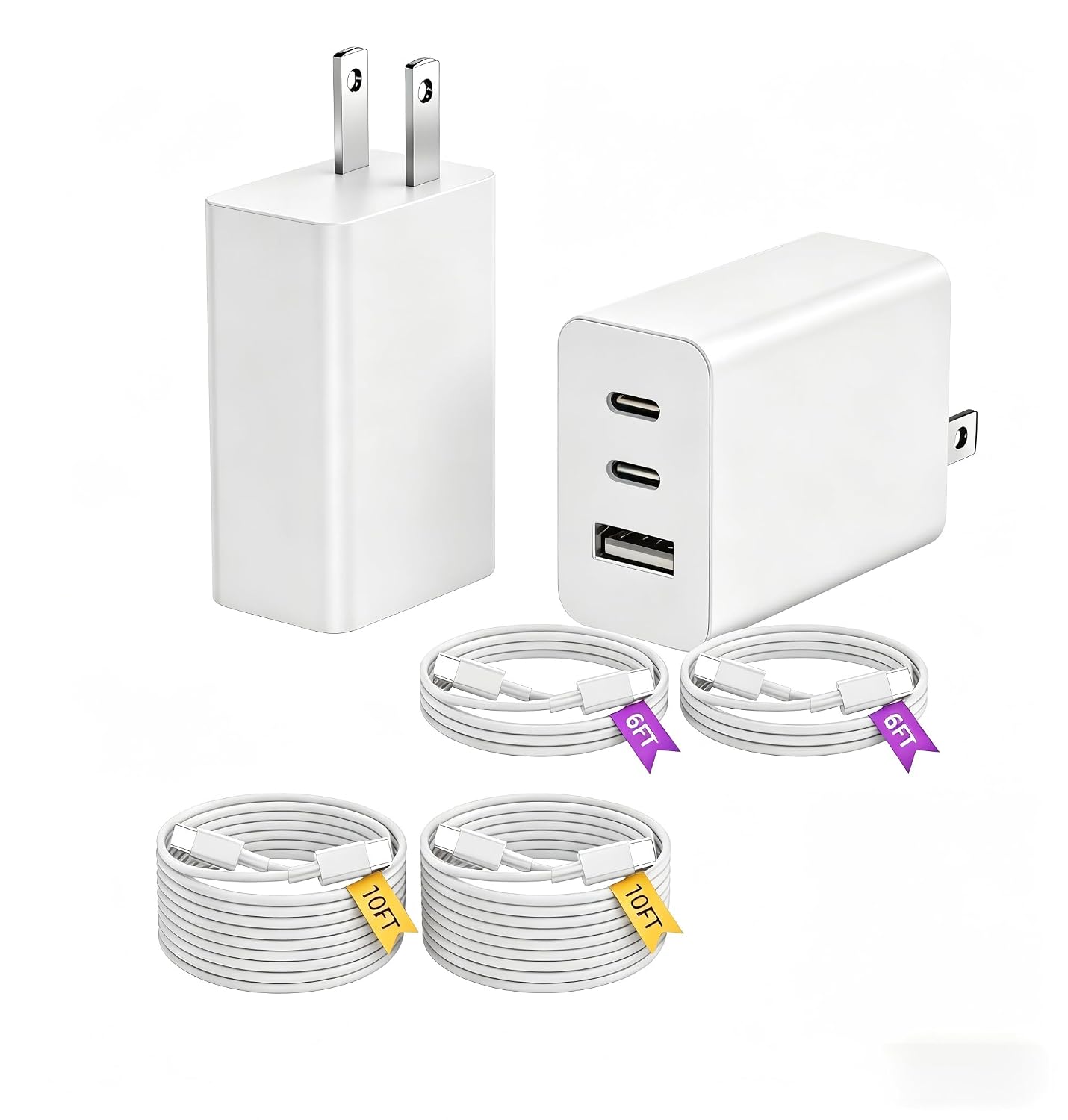 2Pack 65W USB C Wall Charger Block，3Port 100W（65W max) Super Fast USB C Phone Charger Adapter Brick with 6/6/10/10FT USBC Cable for iPhone17Pro/17Air/16Pro/16ProMax/15 Plus/15Pro/iPad/S26Ultra/S25/S24