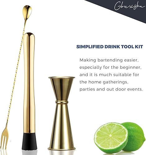 Miniatura 3 de Gbuxska Juego de coctelera dorada, kit de camarero de vidrio prémium con jigger medidor, cuchara mezcladora y muddler
