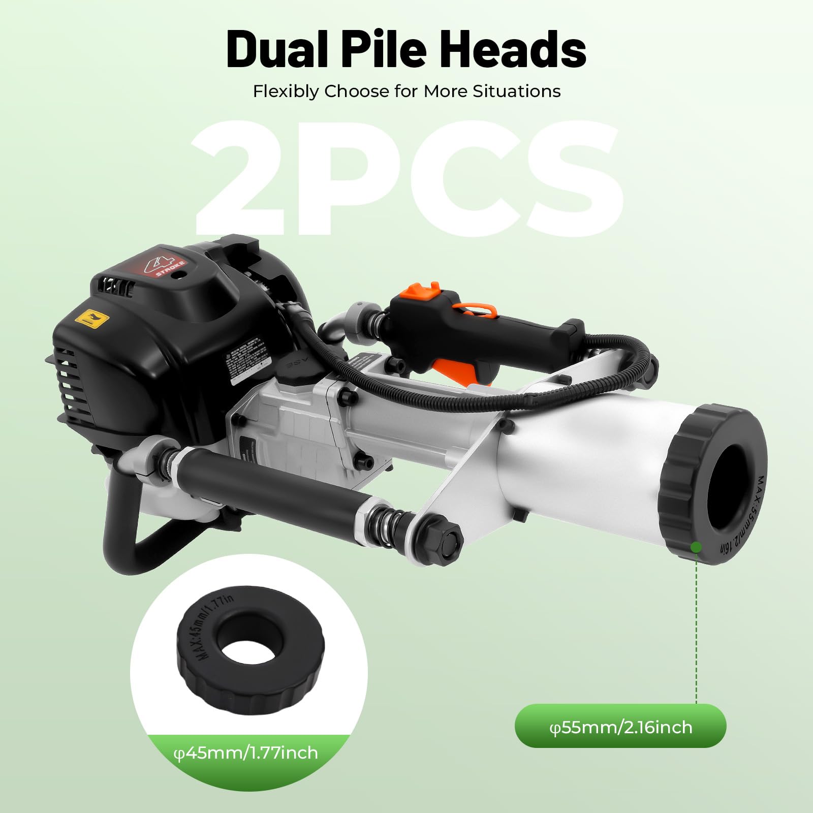 Pistola de gasolina de 1200 W portátil con motor de 4 tiempos, tanque de clarificación de 0,65 l y 2 cabezales de pilote (φ45/55 mm) para construcción, horticultura y agricultura