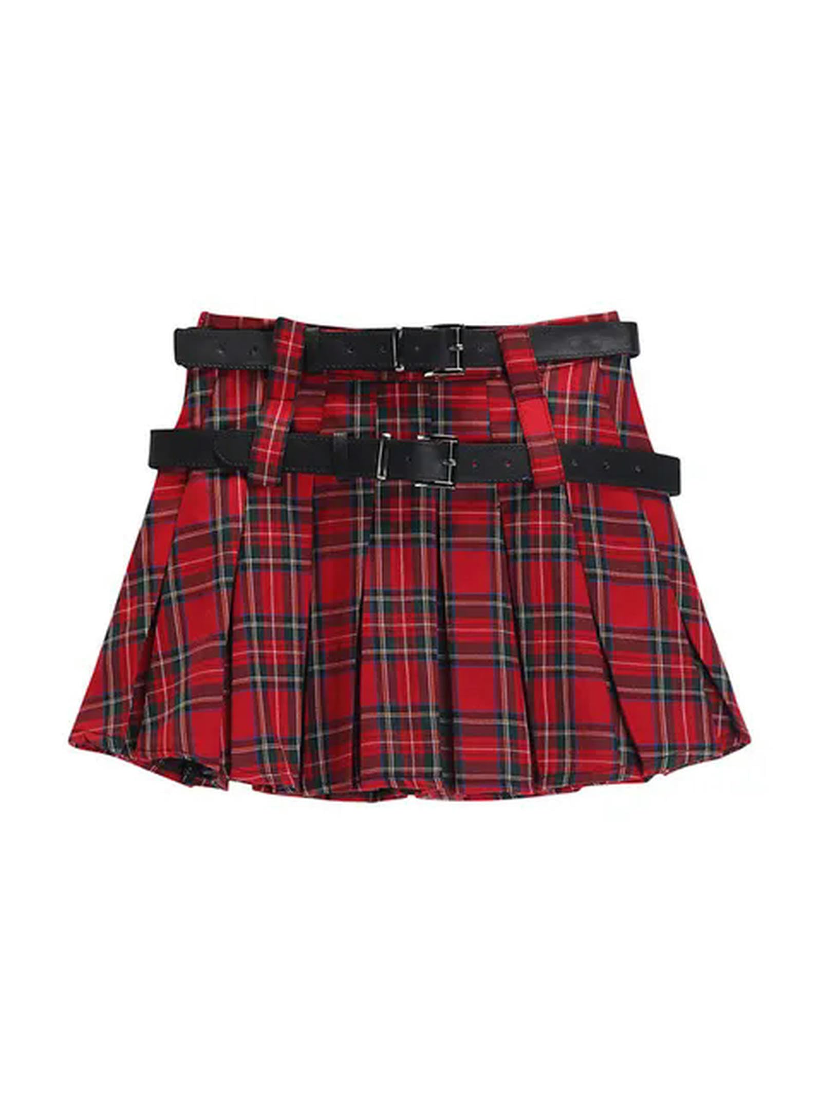 Generic Falda a Cuadros Falda Plisada roja de Cintura Alta para Mujer Uniforme JK para niña-Rojo-XL