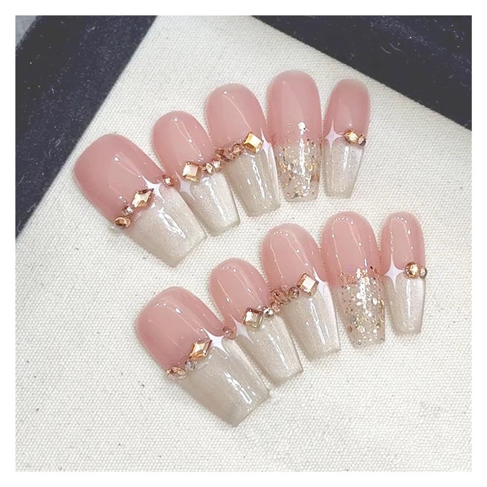 10pcs Champagne French Press On Nails Mid-length Gradient Pink Cat's Eye Glossy Diamond Decor False Nails Manicure Decorations(3 Size XS)