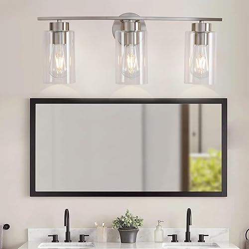 Miniatura 8 de Lámpara de baño de níquel cepillado de 22.4 pulgadas, lámpara de tocador moderna de 3 luces sobre espejo, apliques de pared de baño para espejo,