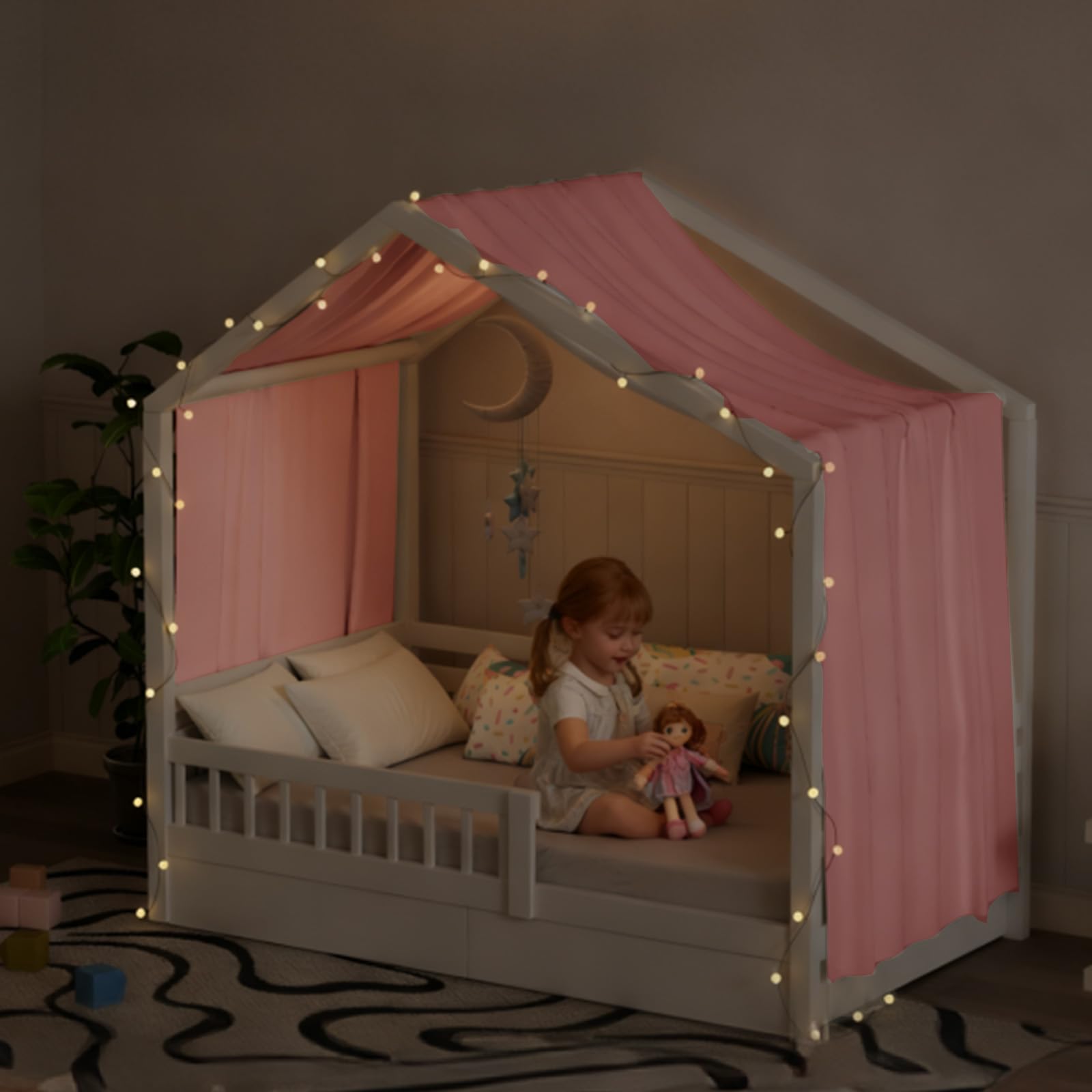 Ciel de lit avec guirlande lumineuse décorative - 135 x 420 cm - Rose