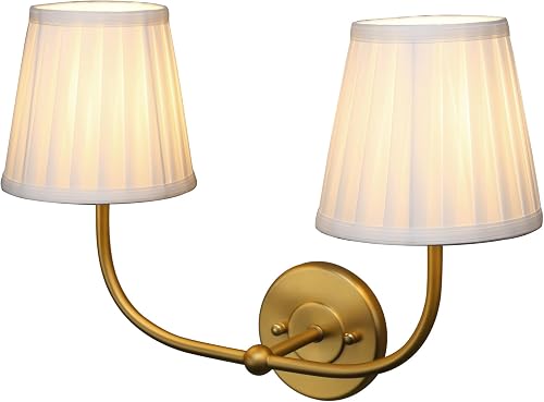 Pathson Vintage 2-Head Fabric Wall Sconces White Pleated Cloth Lampshade, Hardwi