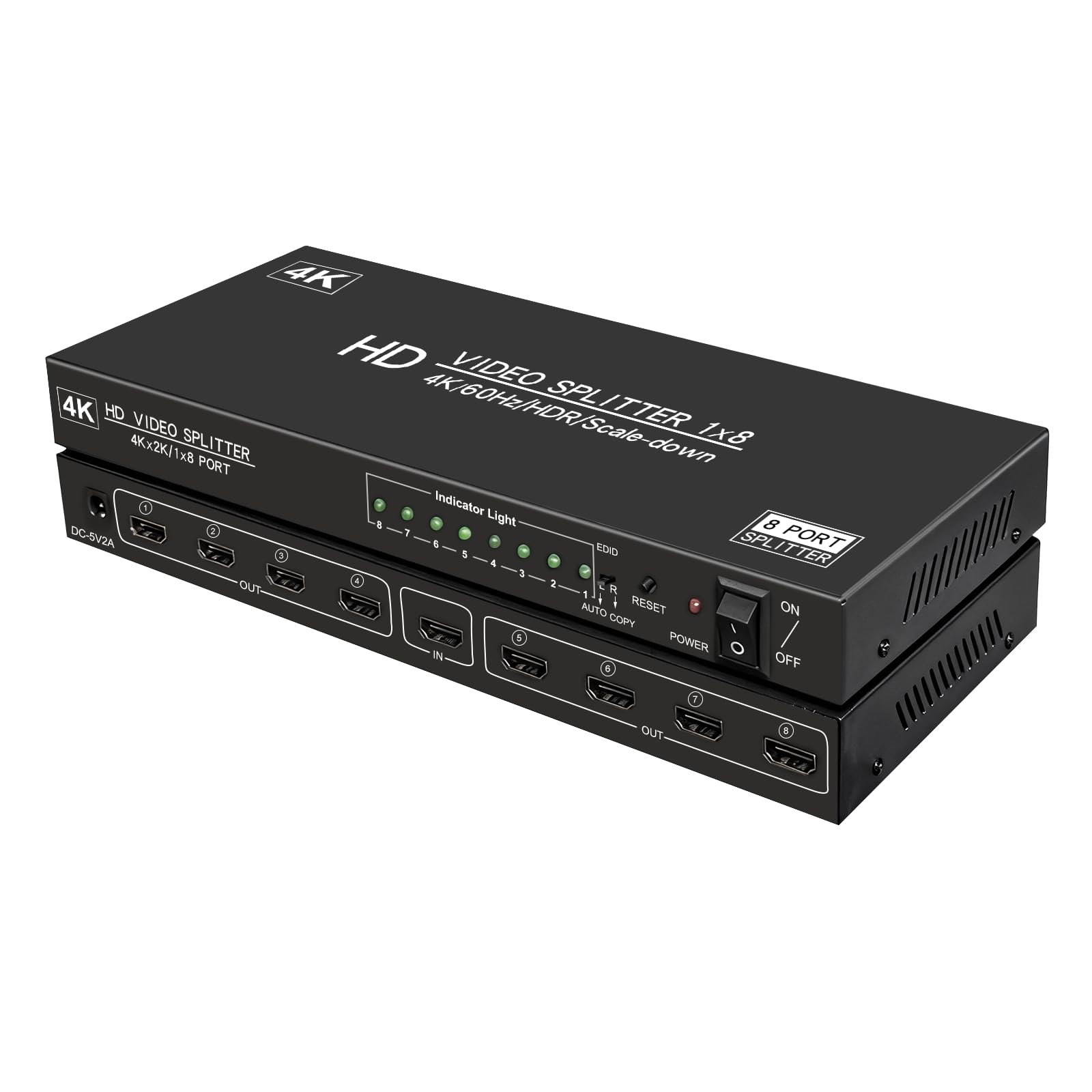 Répartiteur HDMI 4K @ 60 Hz 1 entrée 8 sorties, 4:4:4, 18 Gbit/s, répartiteur HDMI 2.0 alimenté à 8 ports, prise en charge du détartreur automatique vers le bas, synchronisation 4K 1080p, HDR10, 3D