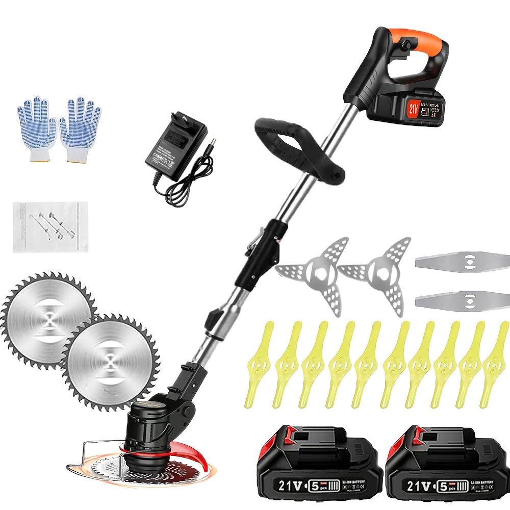 Coupe Bordure sans Fil avec Batterie, Debroussailleuse Electrique sans Fil, (2 Batteries de 2,0 A et Chargeur Rapide) Coupe Bordure, Débroussailleuse, avec 3 Types de Lames pour Jardin, Cour