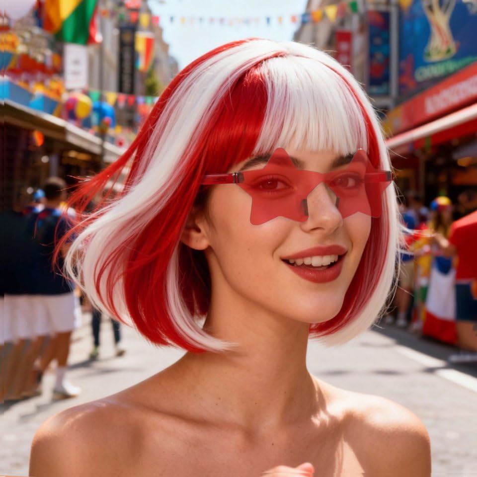 Image of ANOGOL Hair Cap + (Sunglasses) Red White Bob Wig with Bangs Womens Red White Party Wigs with Sunglasses Short Neon Wig Fun Wigs Halloween Costume Bachelorette Hair Sports Event Christmas