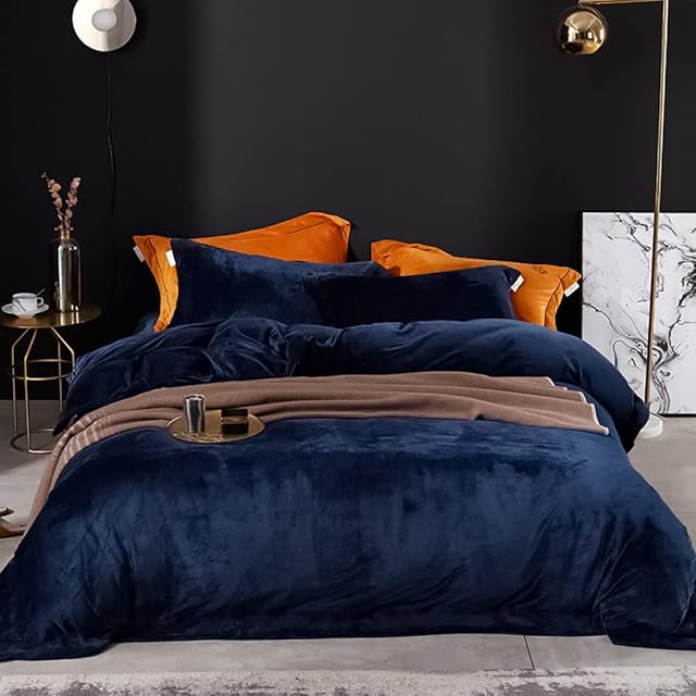 Michorinee Crushed Velvet Navy Blue Double Duvet Cover Set Luxury Super Warm Winter Blue Velvet Bedding Set Comforter Cover Zipper Closure with 2 Pillow Cases 50x75 cm