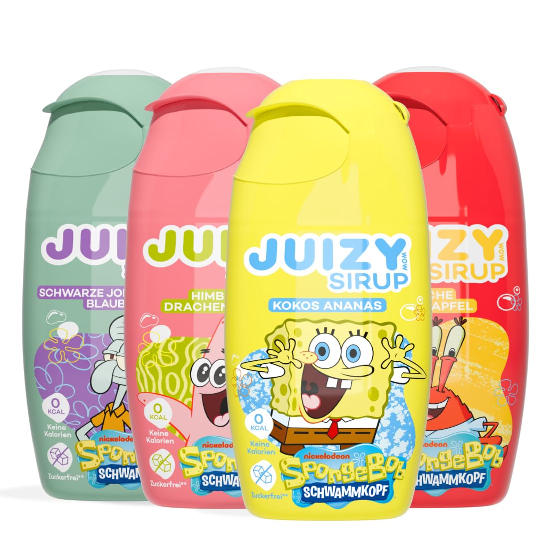 SPONGEBOB Sirup ohne Zucker | Zuckerfreier Getränkesirup für Schwammkopf Fans (Wassersprudler kompatibel) | Natürlicher Frucht Geschmack - Low Calorie - More Fun | Vegan 4 x 65ml