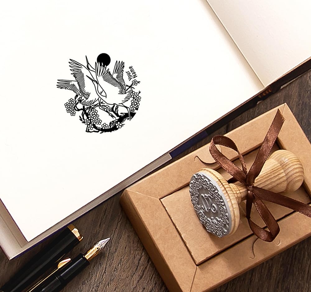 Gru Uccelli Animali Timbro Personalizzabile, Danza Matrimonio Rituale Delle Grus Japonensis, Regali Arte in Scatola Regalo Speciale