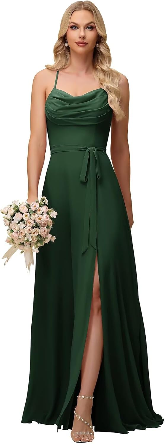 Wchecalino Cowl Neck Bridesmaid Dresses for Women A Line Chiffon Ruched Long Formal Evening Dress with Slit