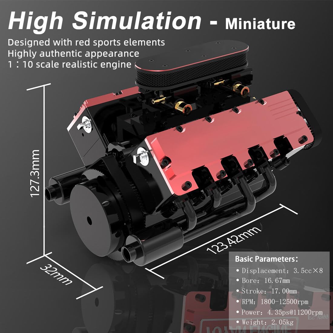 Silnik spalinowy, zestaw do montażu, silnik FS-V800 1/10 "zrób to sam", 8-cylindrowy silnik czterosuwowy, chłodzony wodą, silnik nitro, model dla entuzjastów techniki