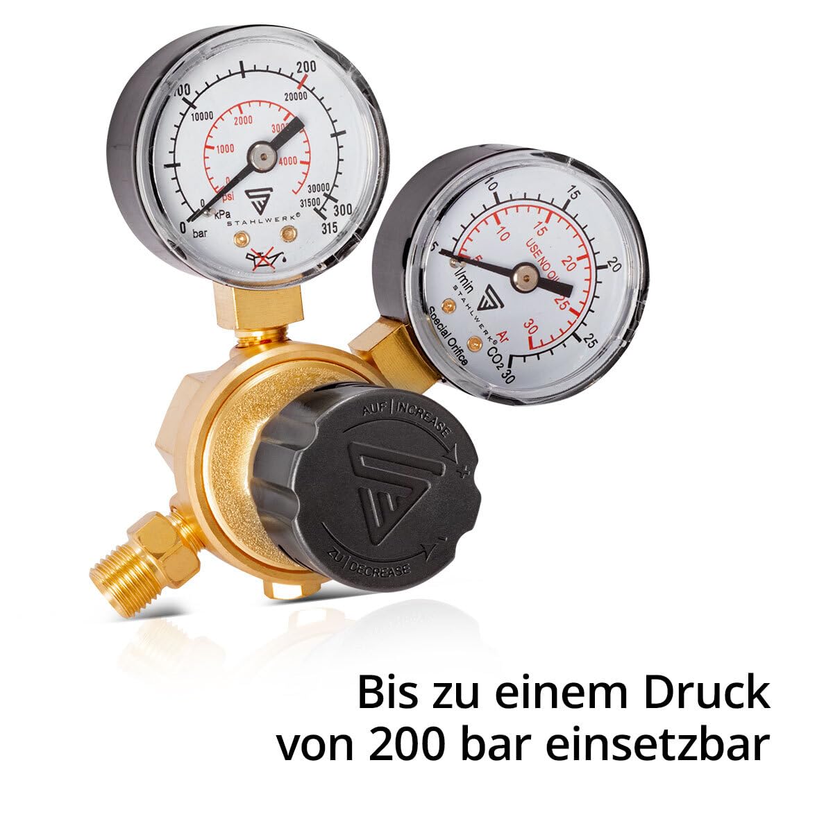 STAHLWERK Mini regulador de presión ST-215 según norma DIN EN ISO 2503 Regulador de presión hasta 200 bar de latón de alta calidad para Argón | CO2 | Mix 18 | gas de protección