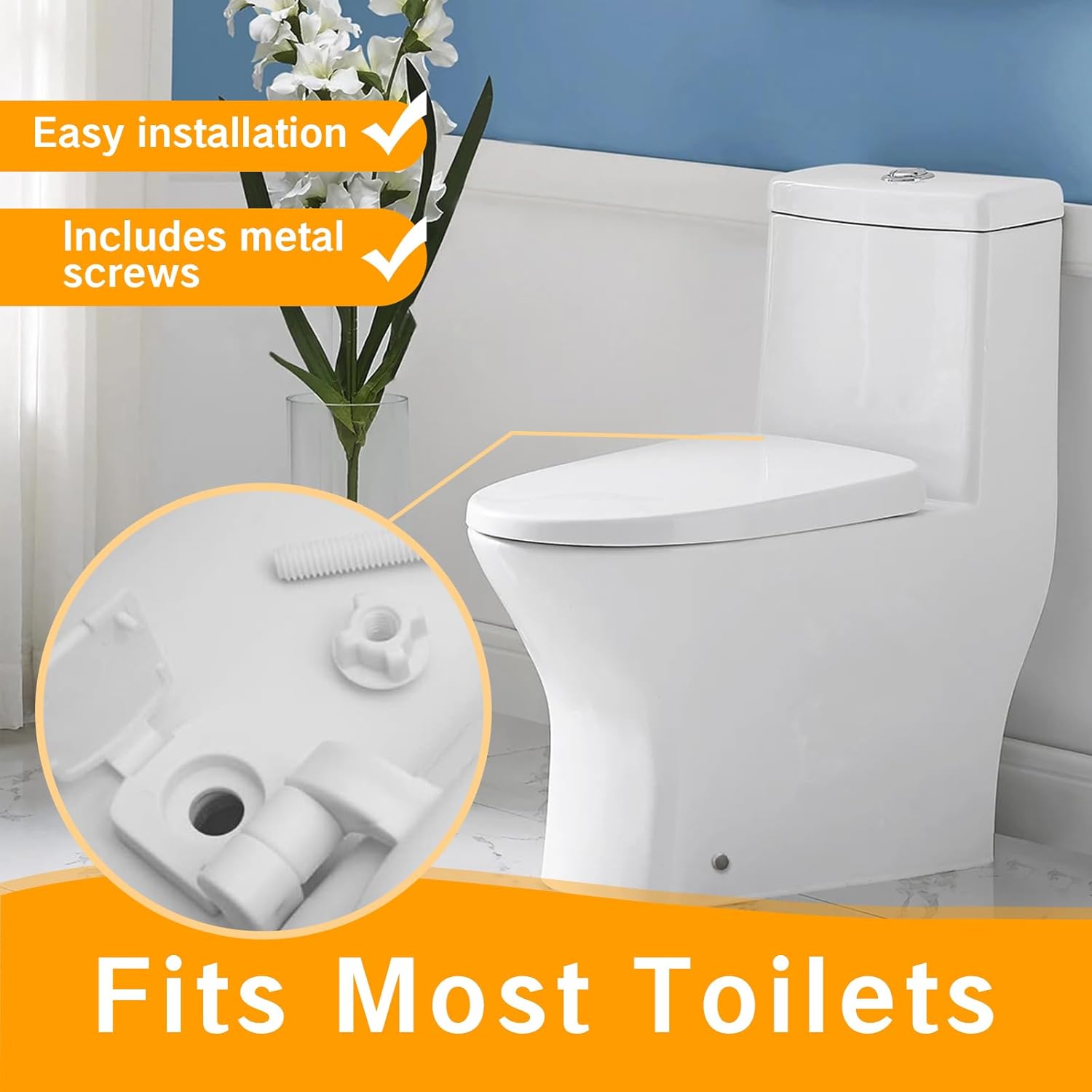 White Plastic Toilet Seat Hinge Replacement with Bolts, Screws, and Nuts, Universal Toilet Seat Bracket Hardware for Replacement and Repair.