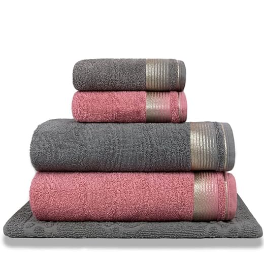 Jogo De Toalhas Banhão 5 Peças Berlim 100% Algodão Rosa Crochê + Gris