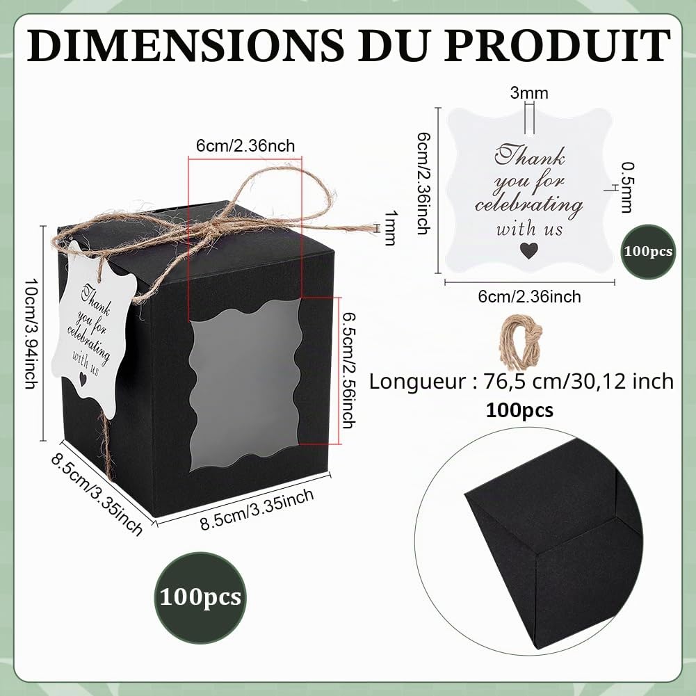 PH PandaHall 100 Lot de Boîtes Cadeaux pour Bougies Boîtes en Papier Noir Rectangulaires de 8.5x8.5x10cm Boîte avec Fenêtre Transparente Étiquettes et Cordons pour 10oz Bougie Pot Fête