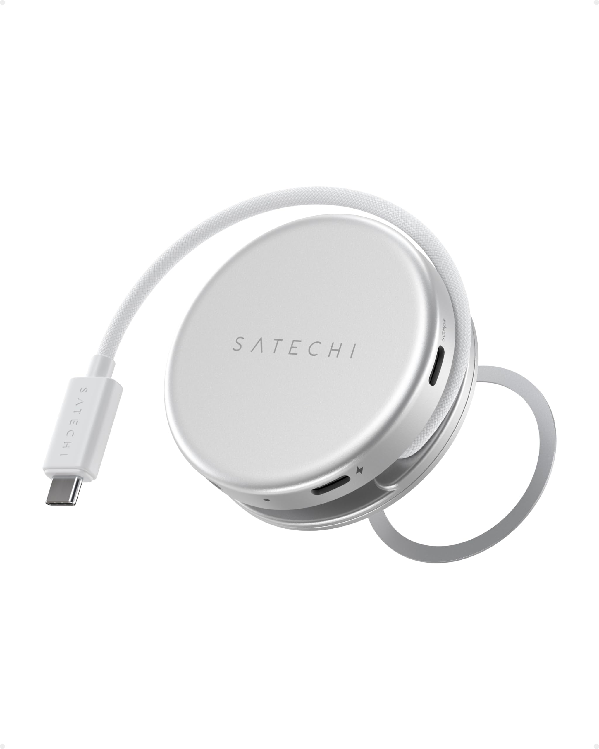 SATECHI OntheGo Hub USB C Magnétique 5 en 1, PD 60W, HDMI 4K, Argent | Câble enroulable intégré, fixation magnétique, 4K@60Hz, lecteur SD, USB-C/USB-A 5Gbps, pour MacBook, iPad, Windows et plus