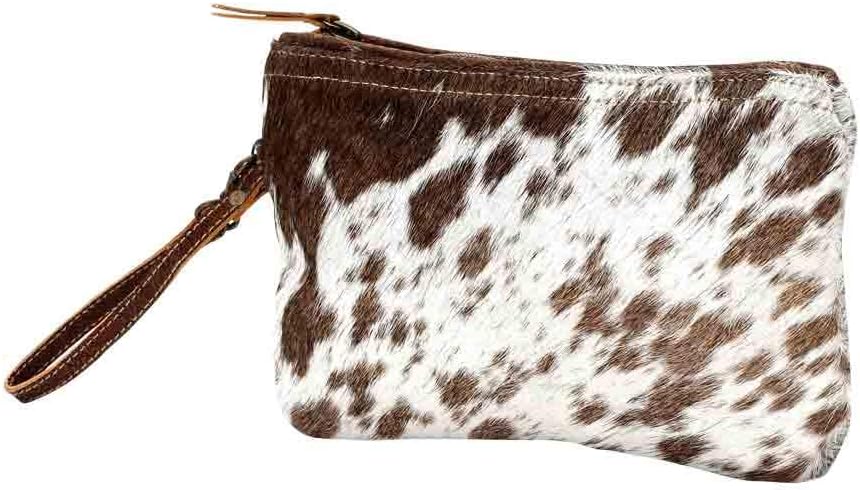 Myra White and Brown Hairon Small Bag - 9.5x6" Western Travel Makeup Bag, Organizer with Canvas and Leather Wrist Strap, Small Travel Toiletry Bag for Women, Compact Cosmetics Case, Skincare Pouch