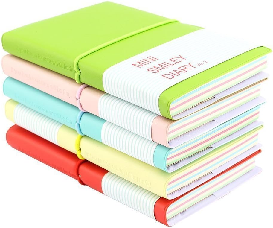 Mini Smiley Diary Notebook, Leather Shell, 100 Sheets, Color Random, Set of 5