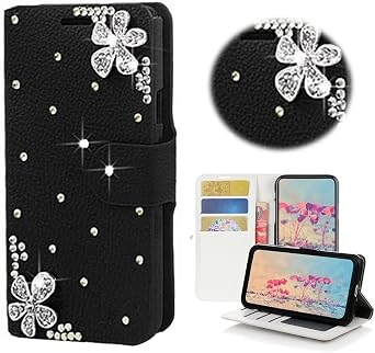 Bling Case Compatible with BlackBerry KEY2 LE Case - 3D Handmade Crystal Flowers Wallet Credit Card Slots Fold Stand Leather Cover - Black