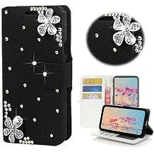 Bling Case Compatible with BlackBerry KEY2 LE Case - 3D Handmade Crystal Flowers Wallet Credit Card Slots Fold Stand Leather Cover - Black
