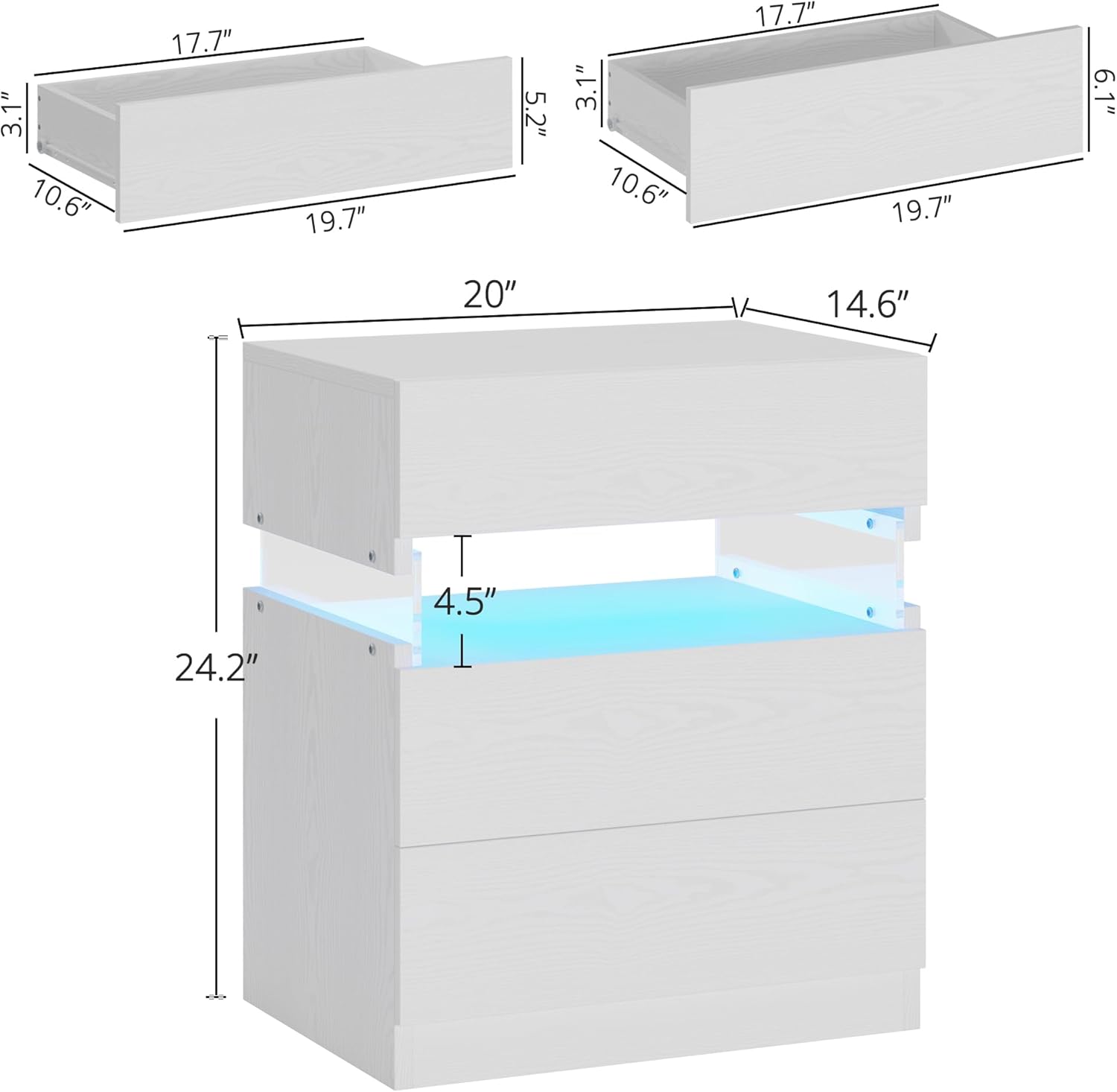 IRONCK Nightstand, Bedside Table with 3 Drawers, Modern Night Stands with LED Light, End Table with Storage for Bedroom, White