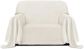 PureFit Geometric Jacquard Throw Sofa Cover - Textured Soft Washable Decorative Couch Covers for 3 Cushion Couch, Throw Cover with Tassels Furniture Protector for Pets, Kids (Small, Ivory)