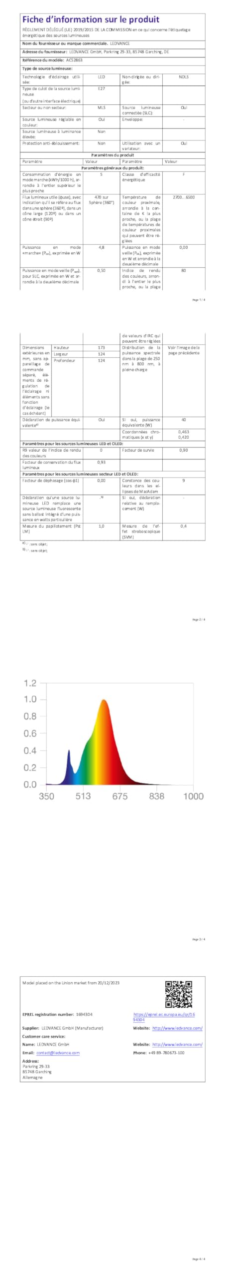 LEDVANCE SMART+ MATT LED lampe, compatible avec Google, Alexa, Apple, Glass Blanc, 4,8W, 470LM, E27, Couleur Lumière et Lumière blanche, avec Vocal Control, jusqu'à 15 000 HRs, 4-Pack