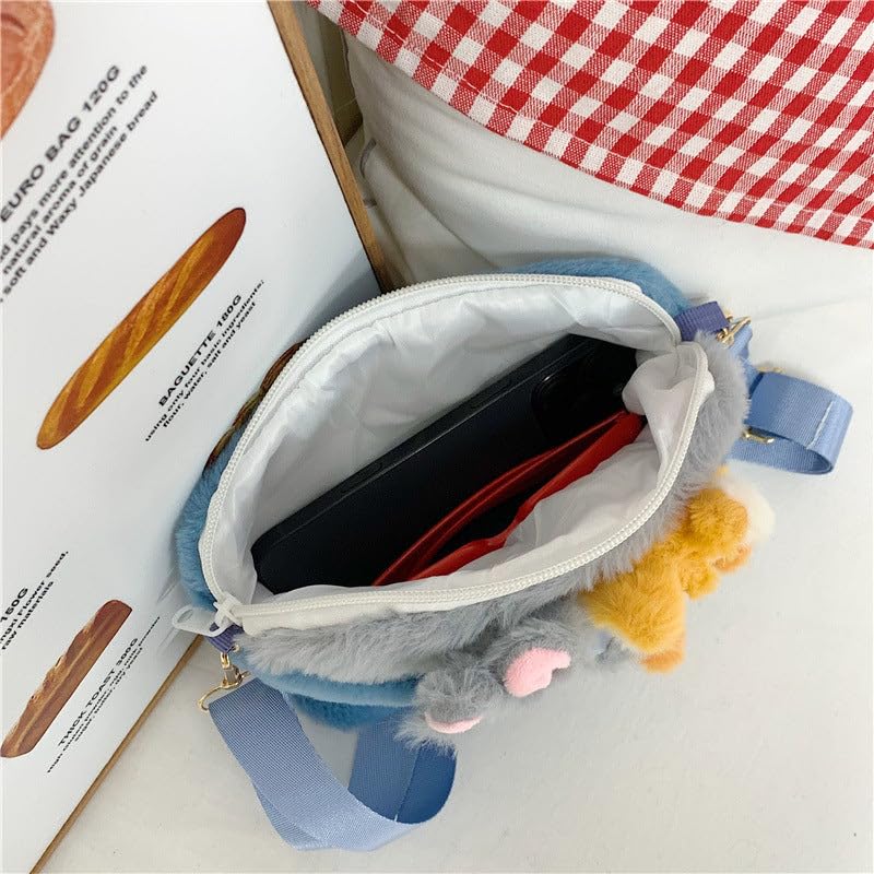 Image of Cute Plush Cartoon Sling Bag - Kawaii Furry Crossbody Shoulder Bag for Kids & Teens (Animal Character Style)