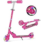 BELEEV V1 Kids Scooters for Girls, 2 Wheel Folding Kick Scooter with Light Up Wheels, 3 Adjustable Height, Lightweight Scooter with Kickstand for Children Ages 3-12 (Hot Pink)