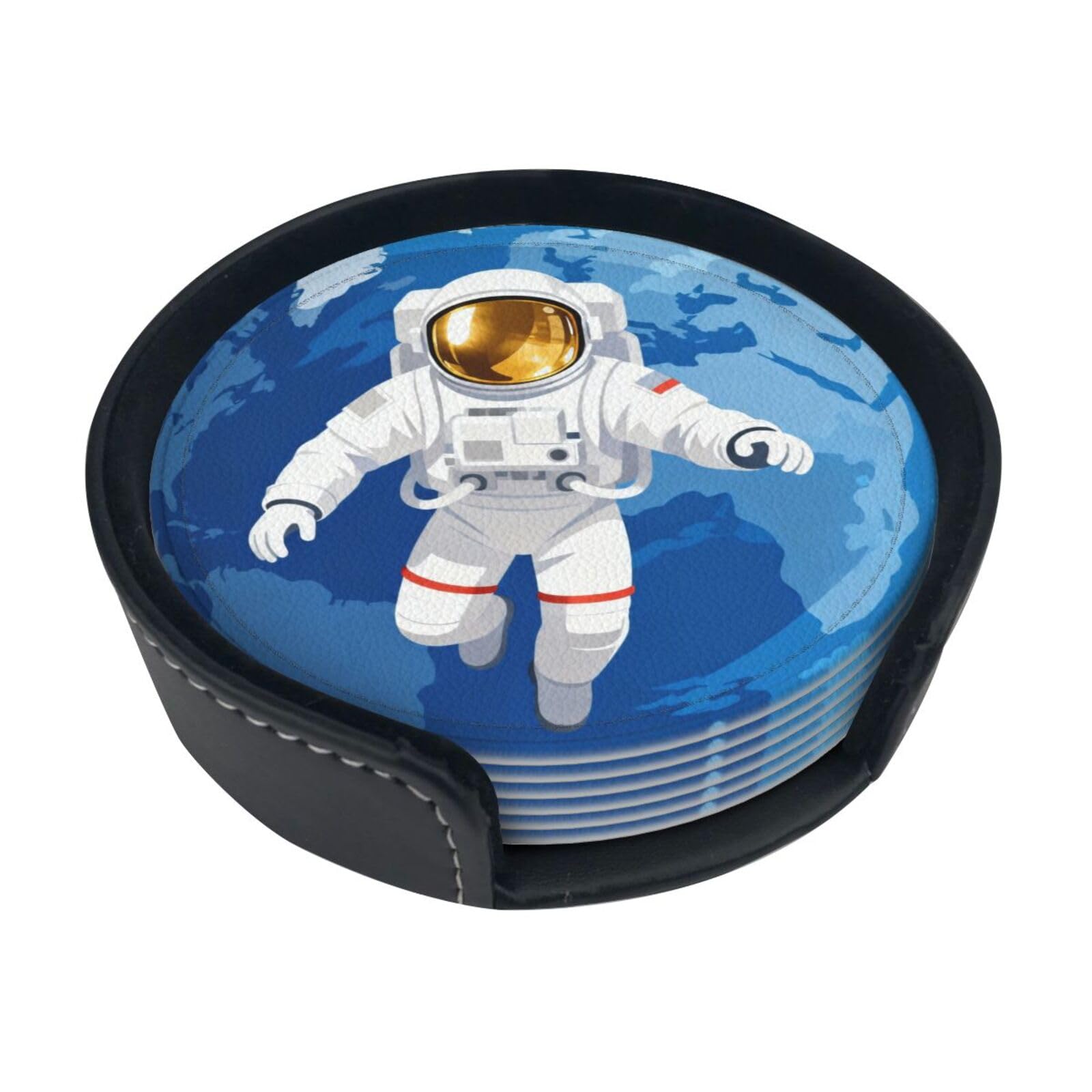 Cntdbu White Astronaut Leather Coasters Set Of 6-Pu Leather Drink Mats For Table, Heat Resistant Round Coasters With Holder