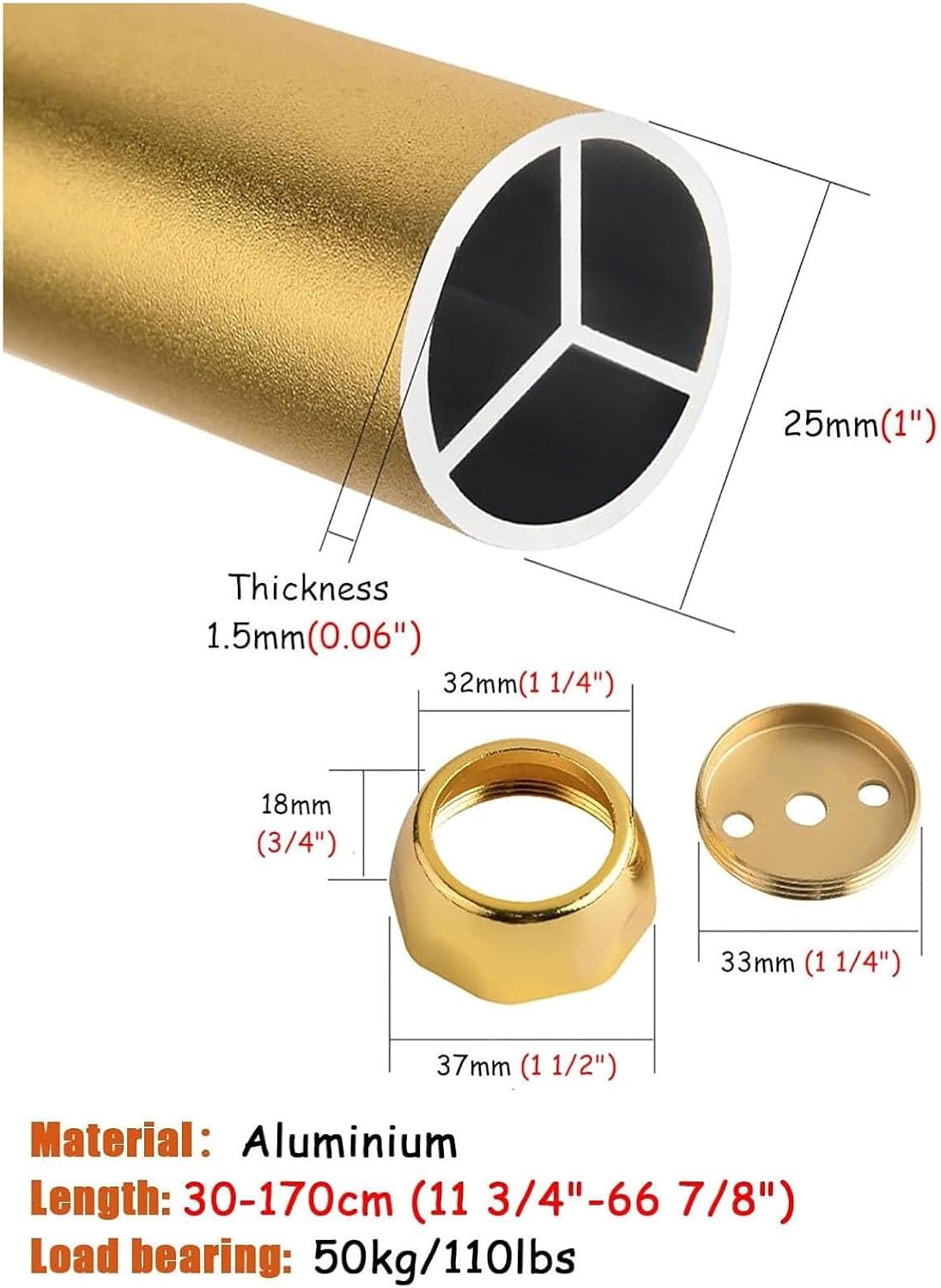 Hanging Rod Closet Rod Brackets, Heavy Duty Hanging Clothes Rack, Removable Clothing Valet Pole Bar Wardrobe Rail(Champagne,60cm(23 5/8"))