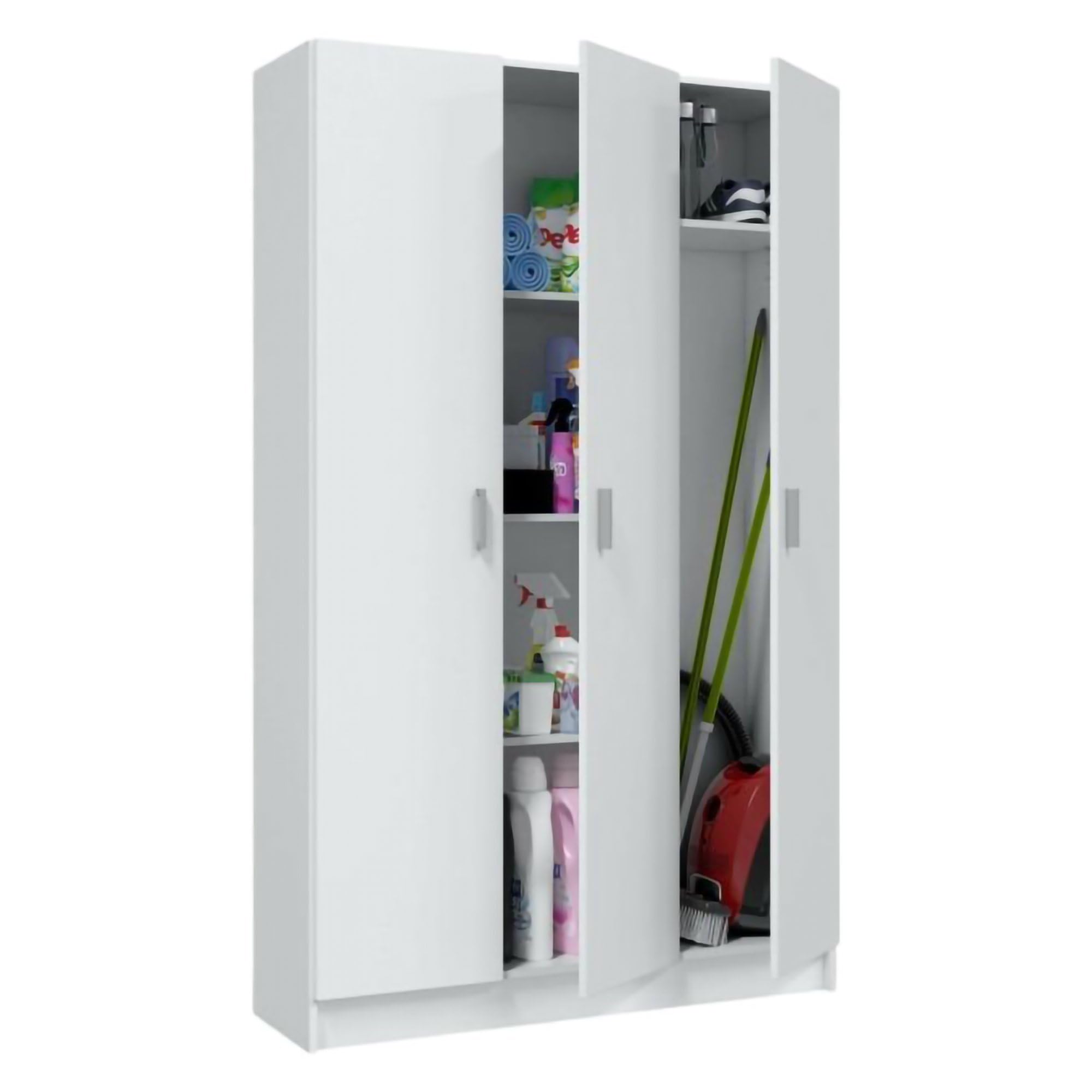 Dmora - Armadio multiuso grande Beaumont, Guardaroba ausiliario a 3 ante, Scarpiera con ripiani, Mobile porta scope, 109x37h180 cm, Bianco