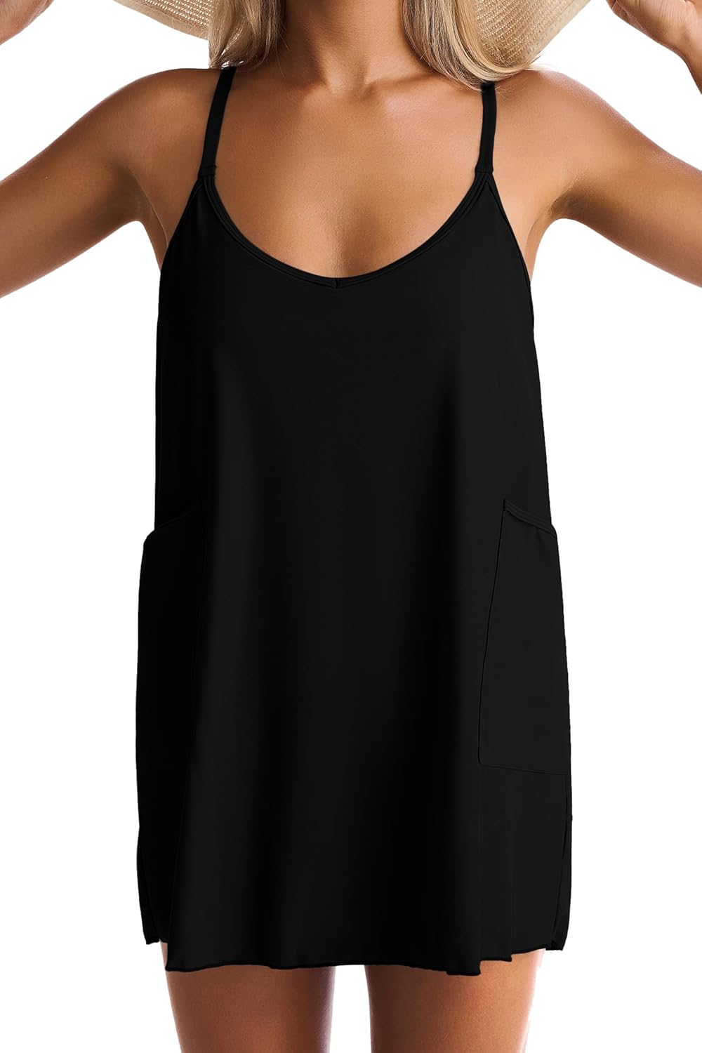 One Piece Swimdress Swimsuit for Women Two-in-One V Neck Swim Dresses Bathing Suit with Two Pocket Built in Shapewear