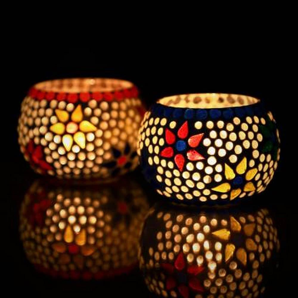 eCraftIndia Set of 2 Mosaic Glass Flower Decorative Tea Light Candle Holders | Tea Light Holders | T Light Candle Holder for Diwali Decoration Items for Home Decor | Christmas Diwali Gifts