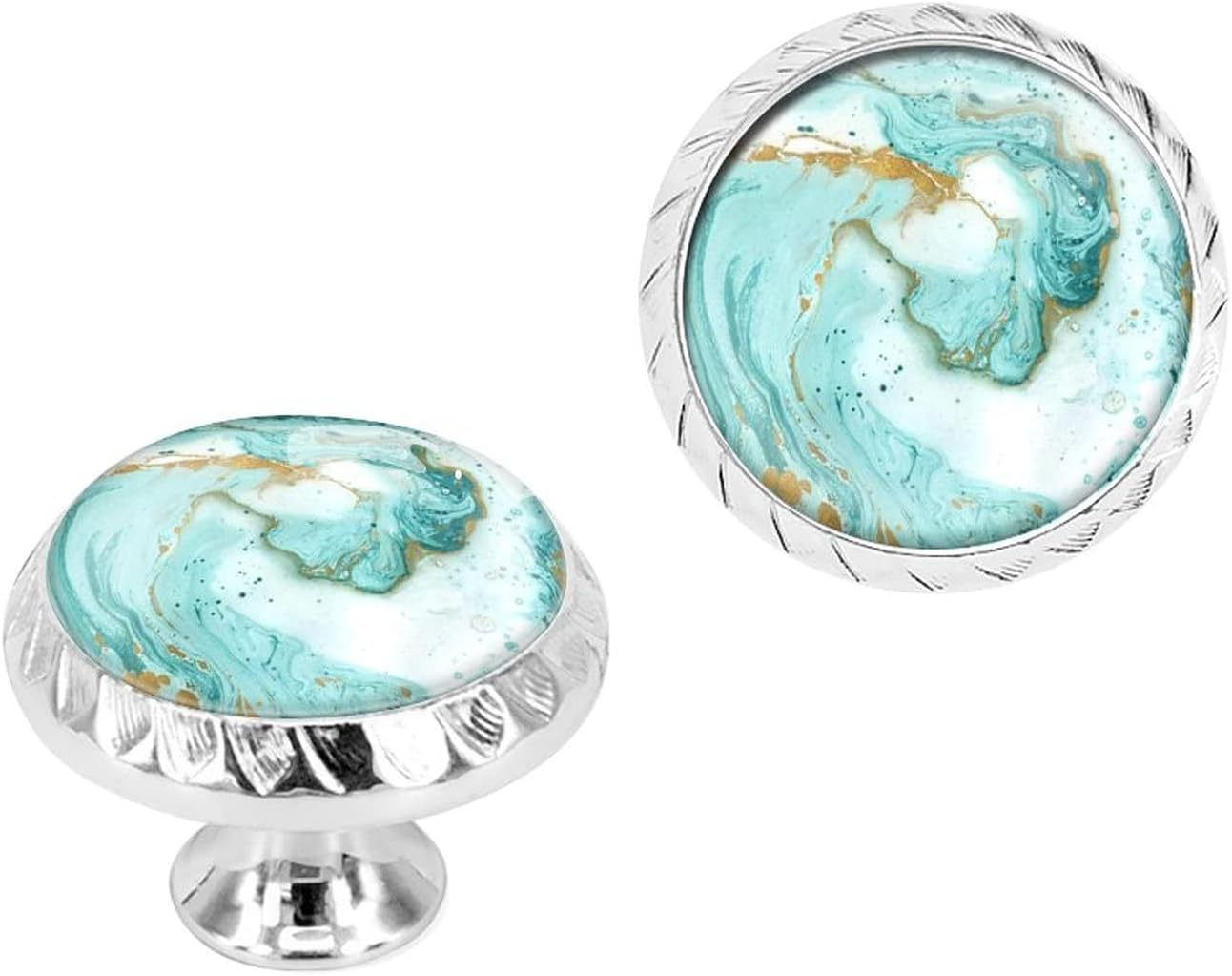 6 Pack Silver & Turquoise Marble Cabinet Knobs, Crystal Glass Dresser Knobs for Kitchen & Bathroom Hardware