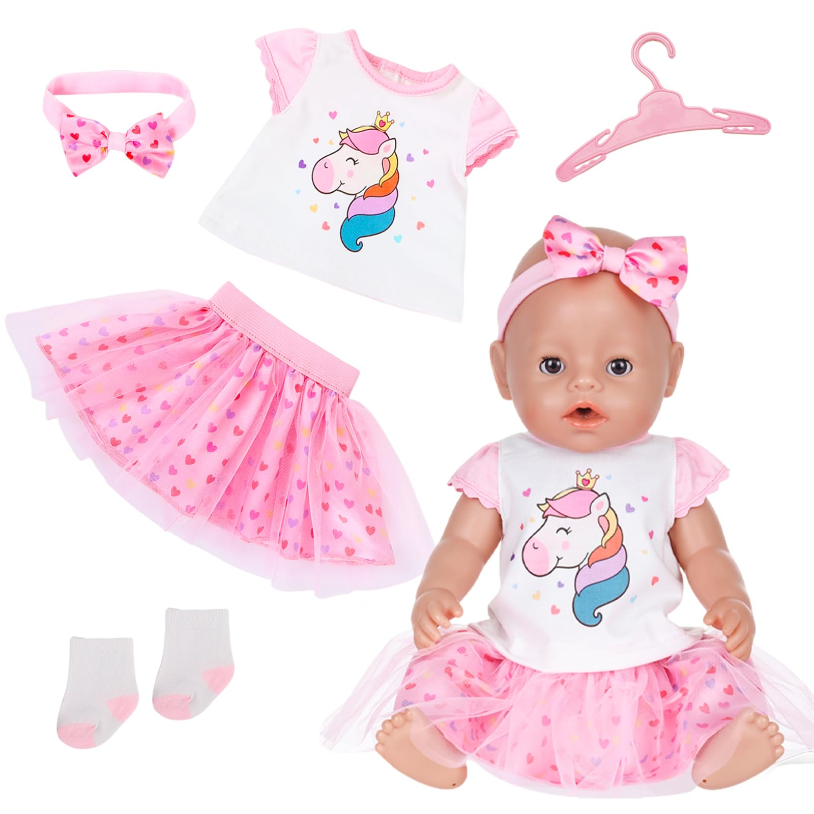 5-Piece Doll Clothes Set for 35–43 cm (14–18 Inch) Newborn Baby Dolls Sweet Pink Pony Doll Outfit: Top Tulle Skirt Headband Socks Hanger Doll Outfits for 43 cm Baby Dolls Gifts for Children