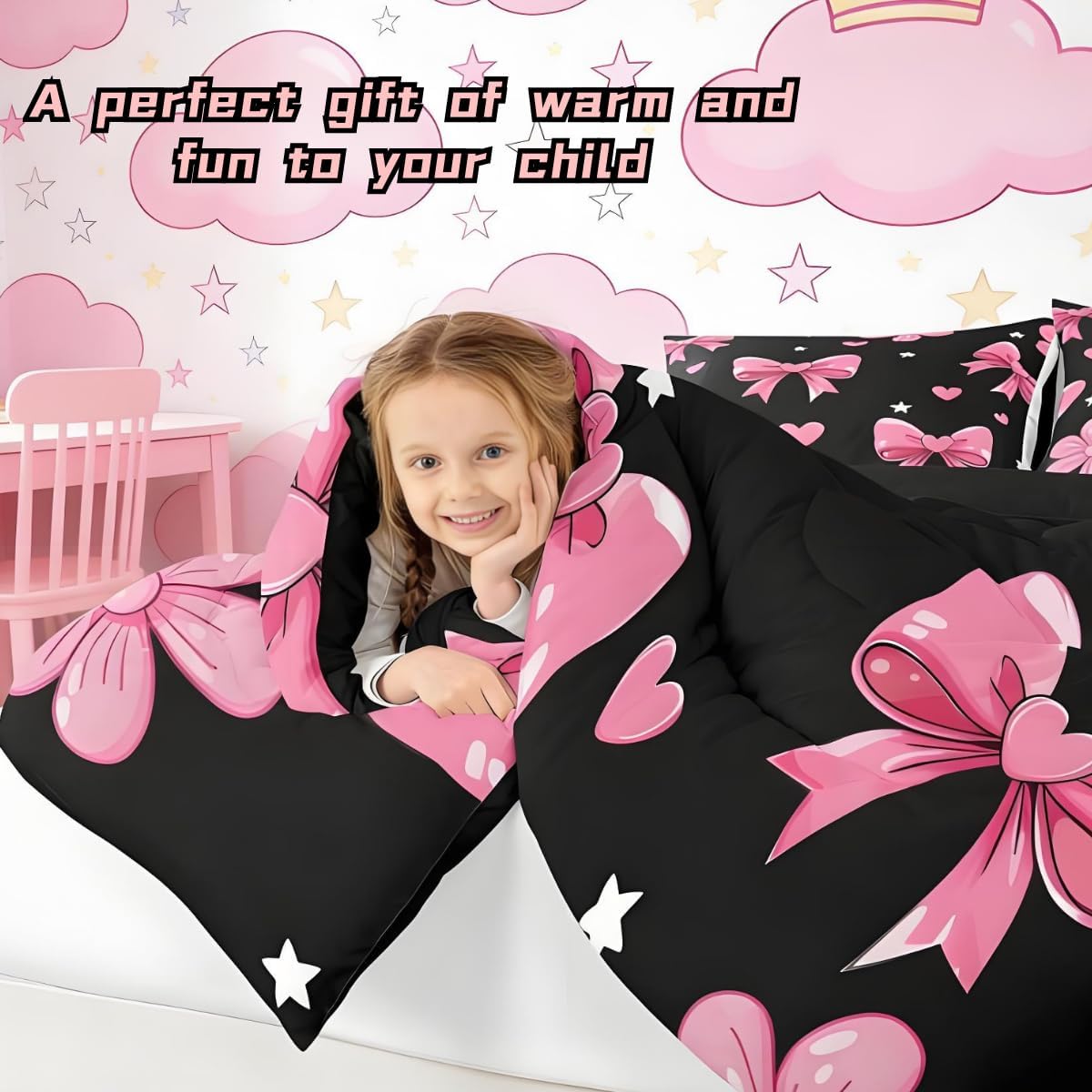 jejeloiu Bowknot Comforter Set All Season Black Pink Bedding Set with 1 Pillow Cases Pink Bow Microfiber Kids Twin Bedclothes Colourful Bowknot Bedroom Decor Duvet Quilt Breathable