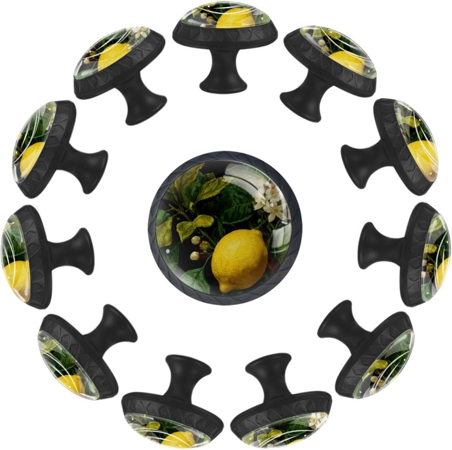 Lemon and Leaves Flower (3) Printed Drawer Knobs, Round Cabinet Knobs with Long & Short Screws, ABS Glass Hardware for Kitchen Bedroom Dresser Cupboard