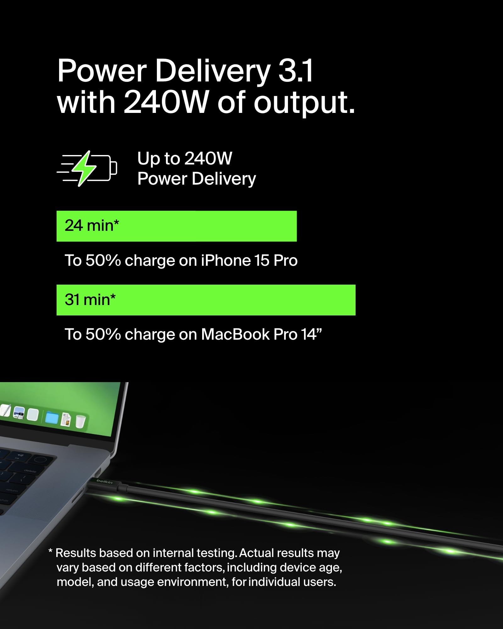 Belkin Connect Cavo USB4, cavo di alimentazione da 2 metri, cavo USB-C-USB-C con Power Delivery da 240 W, 20 Gbps, cavo di ricarica compatibile con USB4, per MacBook, Windows, Chromebook e altri