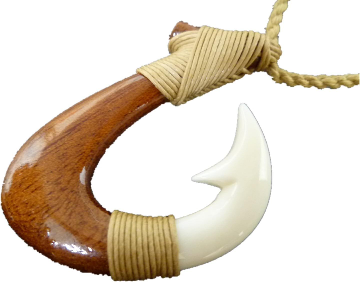 Hand Carved Natural Hawaii Koa Wood & Buffalo Bone Fish Hook Pendant Artiscally Knotted in Brown Adjustable Hemp Cord