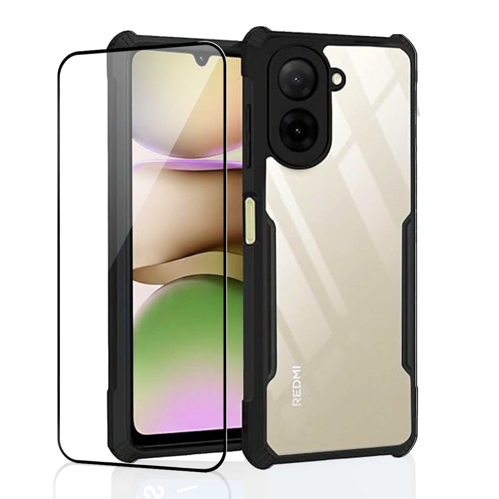 ShieldTech® Back Cover Case + Screen Protector for Redmi A5 | Transparent & Black Mobile Phone Back Case Cover for Redmi A 5 | Camera Protection | Redmi A5 4G TPU & PC Black Back Cover Case